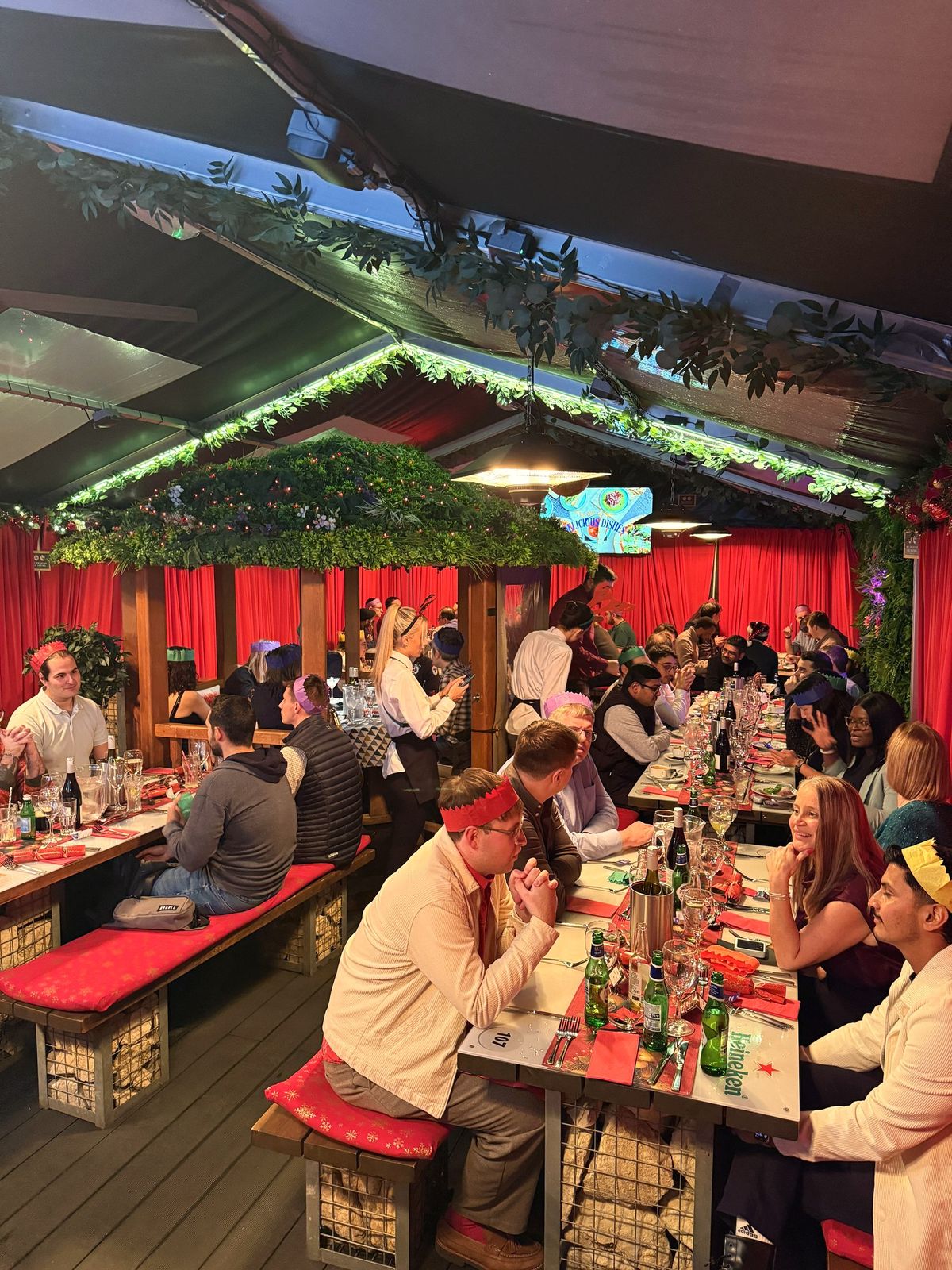 A company Christmas party in the heated marquee at Fizzy Moon Leamington Spa