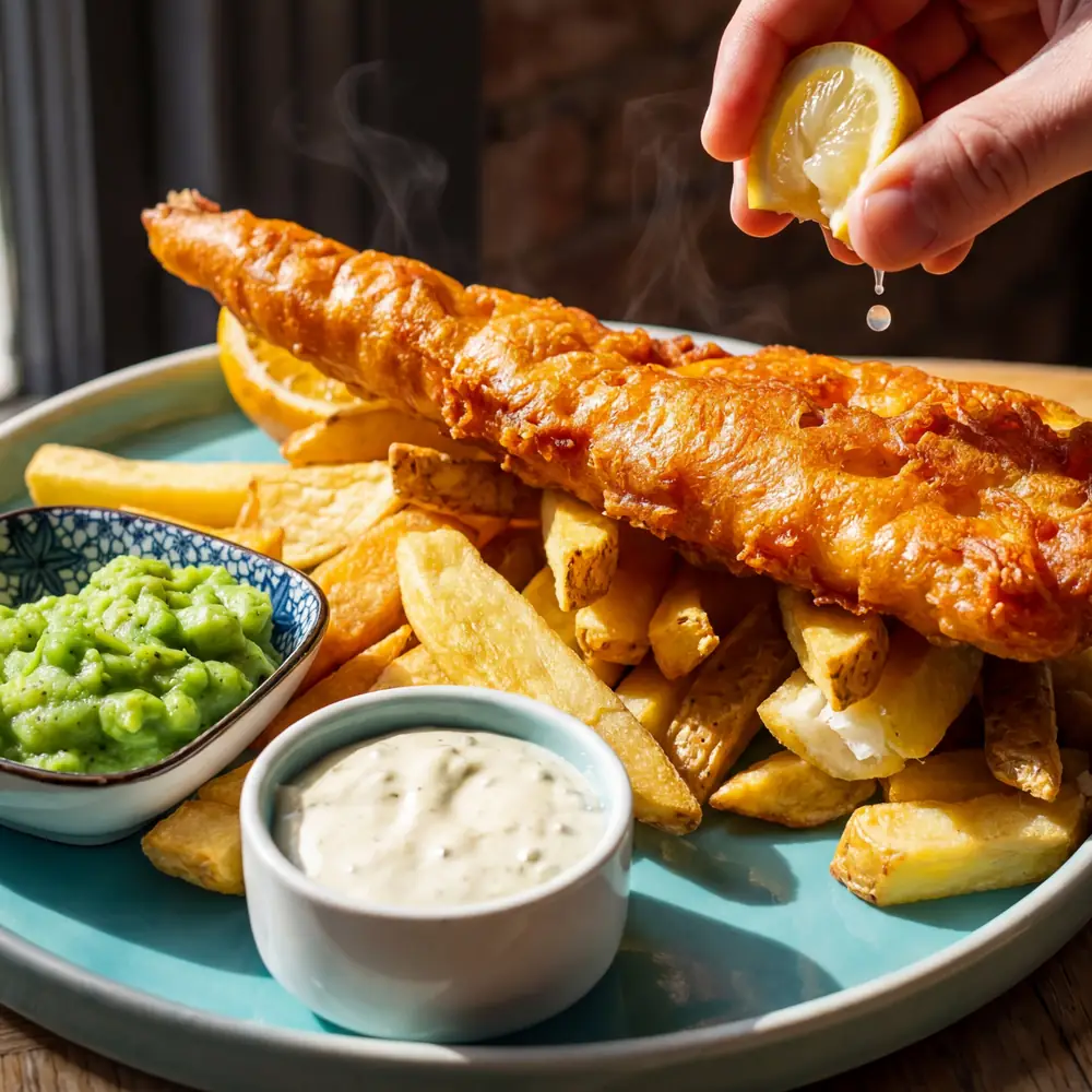 Beer-battered fish and chips with mushy peas and tartare sauce at Fizzy Moon Brewhouse