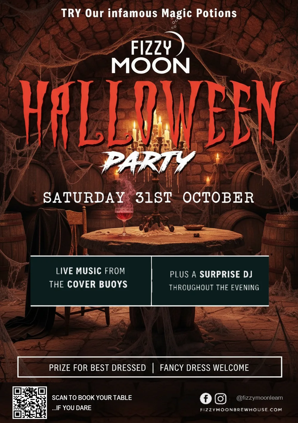 Fizzy Moon Halloween Party, Saturday 31st October — live music from The Cover Buoys plus a surprise DJ, prize for best dressed, fancy dress welcome.